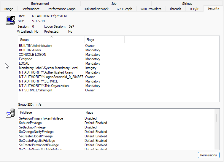 Process Explorer token view