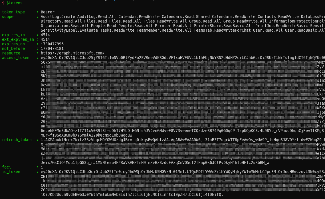Token data shown in a terminal